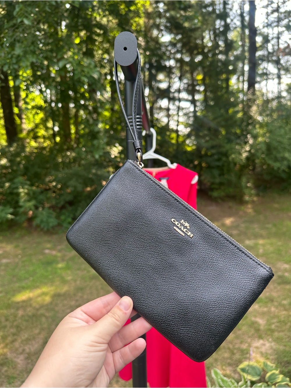 Coach Black Leather Wristlet with Gold Logo Accent